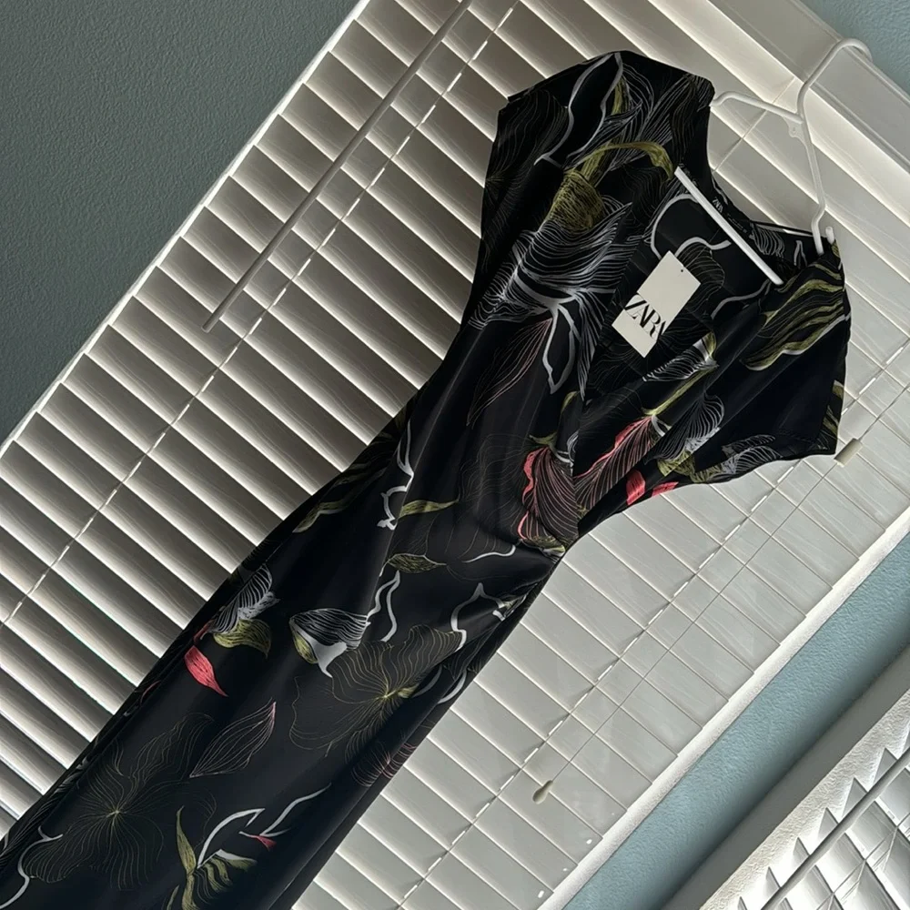 Zara Black Floral Midi Dress with Green and White Accents
